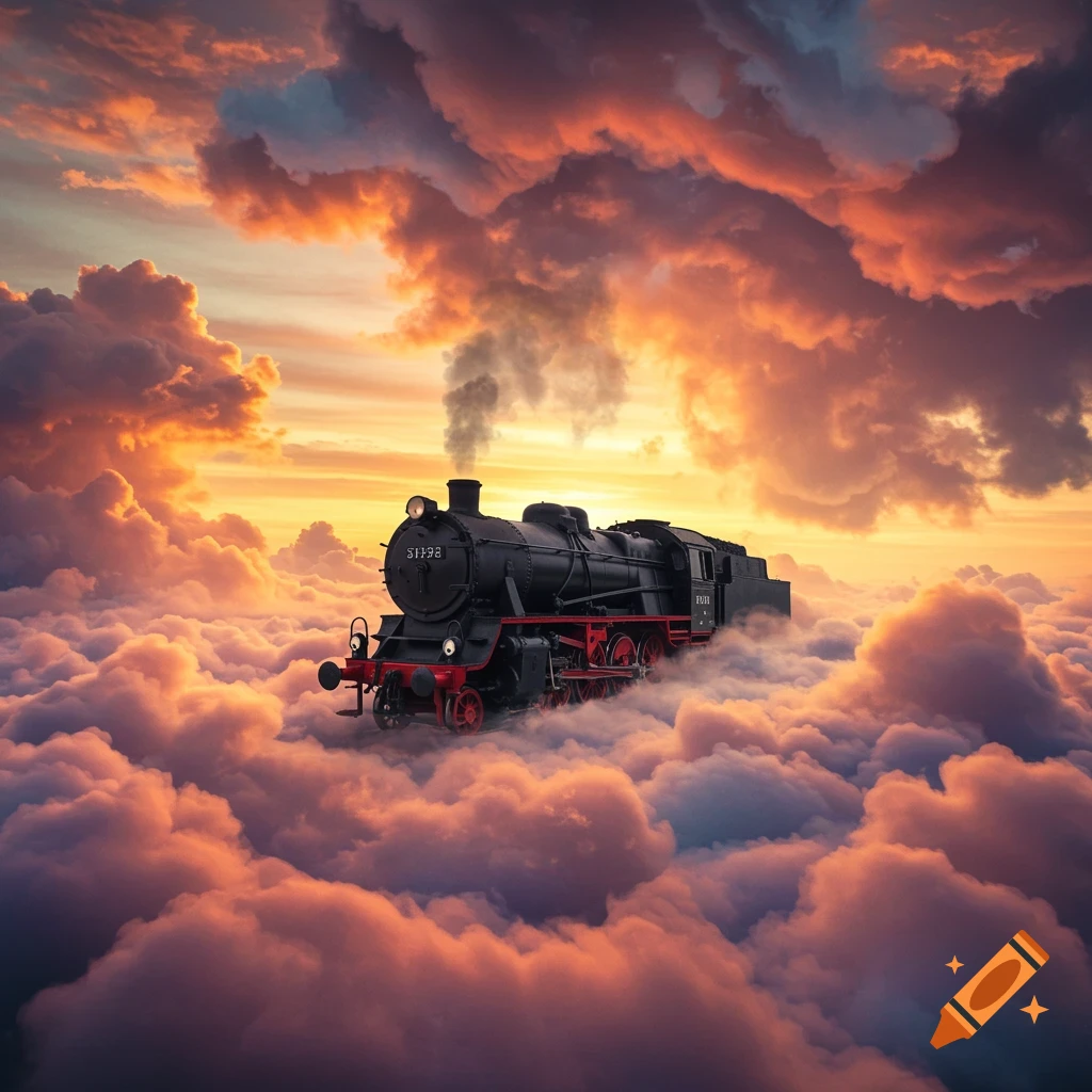 A black and red steam train emerges from vibrant, colorful clouds during a sunset or sunrise, creating a surreal, dreamlike atmosphere.