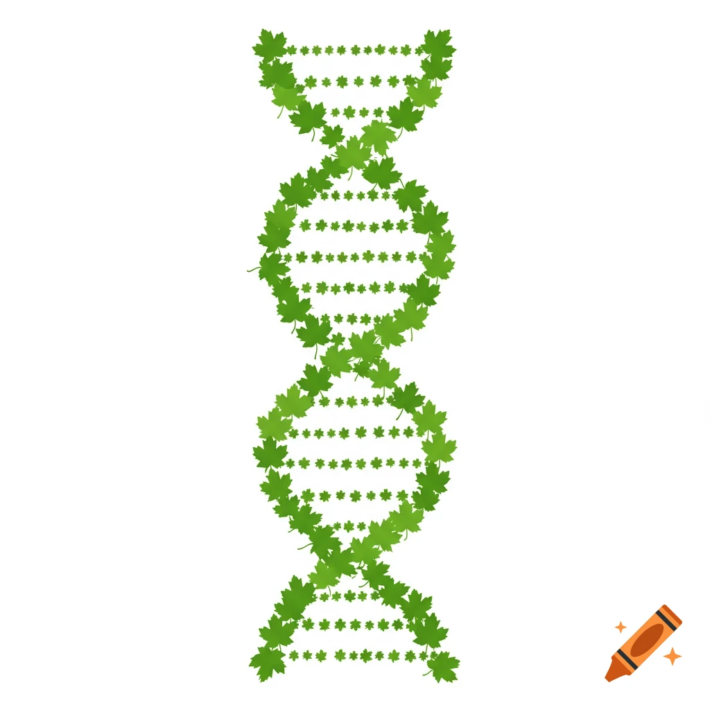 A graphic illustration of a DNA double helix made from green maple leaves and small star shapes.