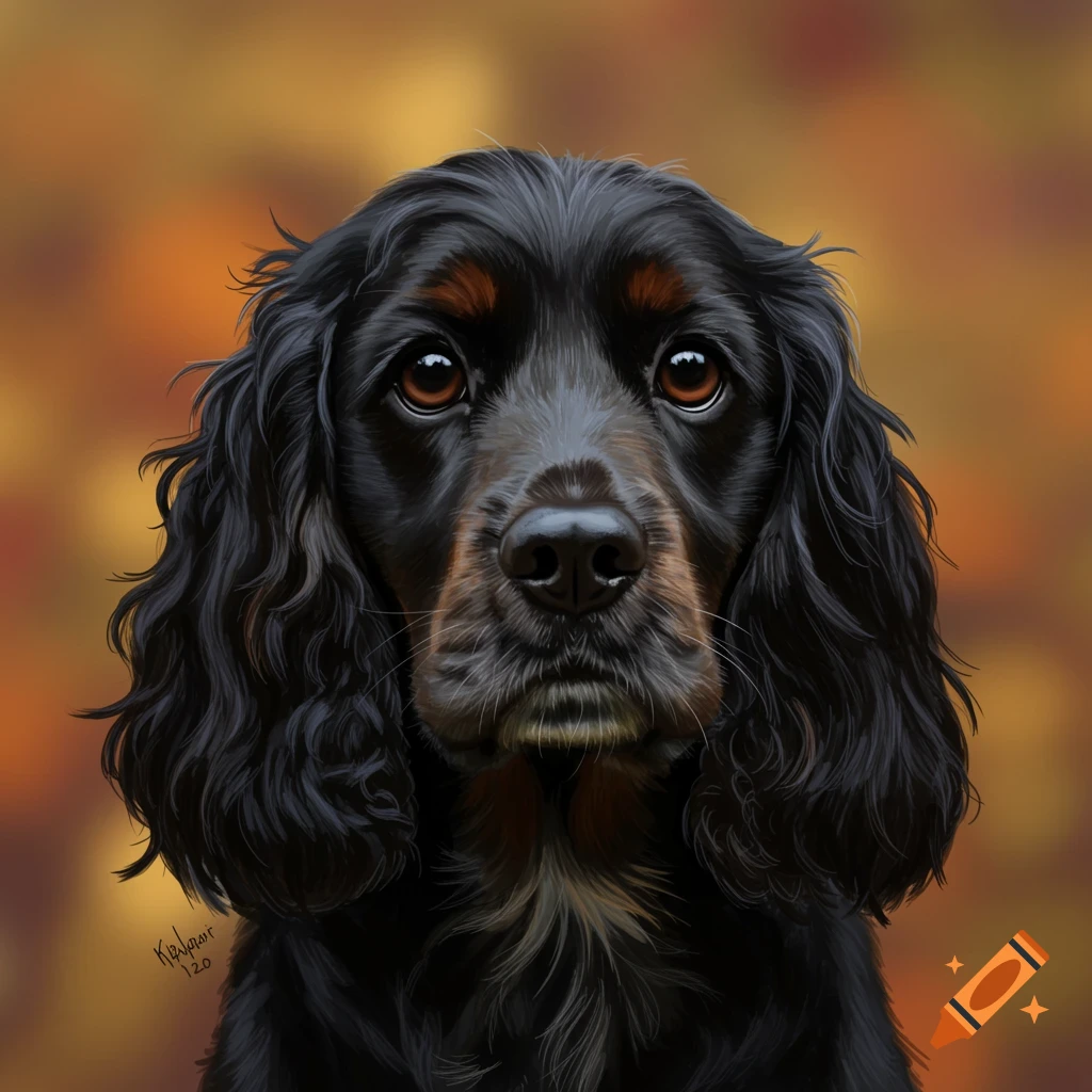 Portrait of a black cocker spaniel dog against a blurry autumn background.