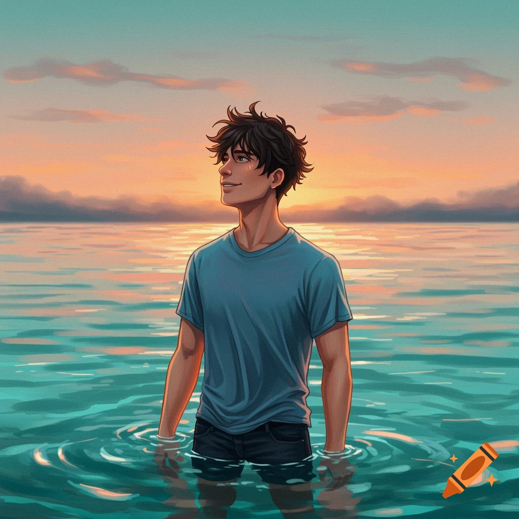 A young man standing in water at sunset