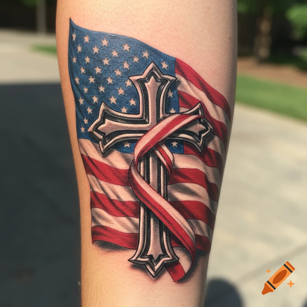 Tattoo of the Welsh dragon over combined Welsh and American flags on an ...
