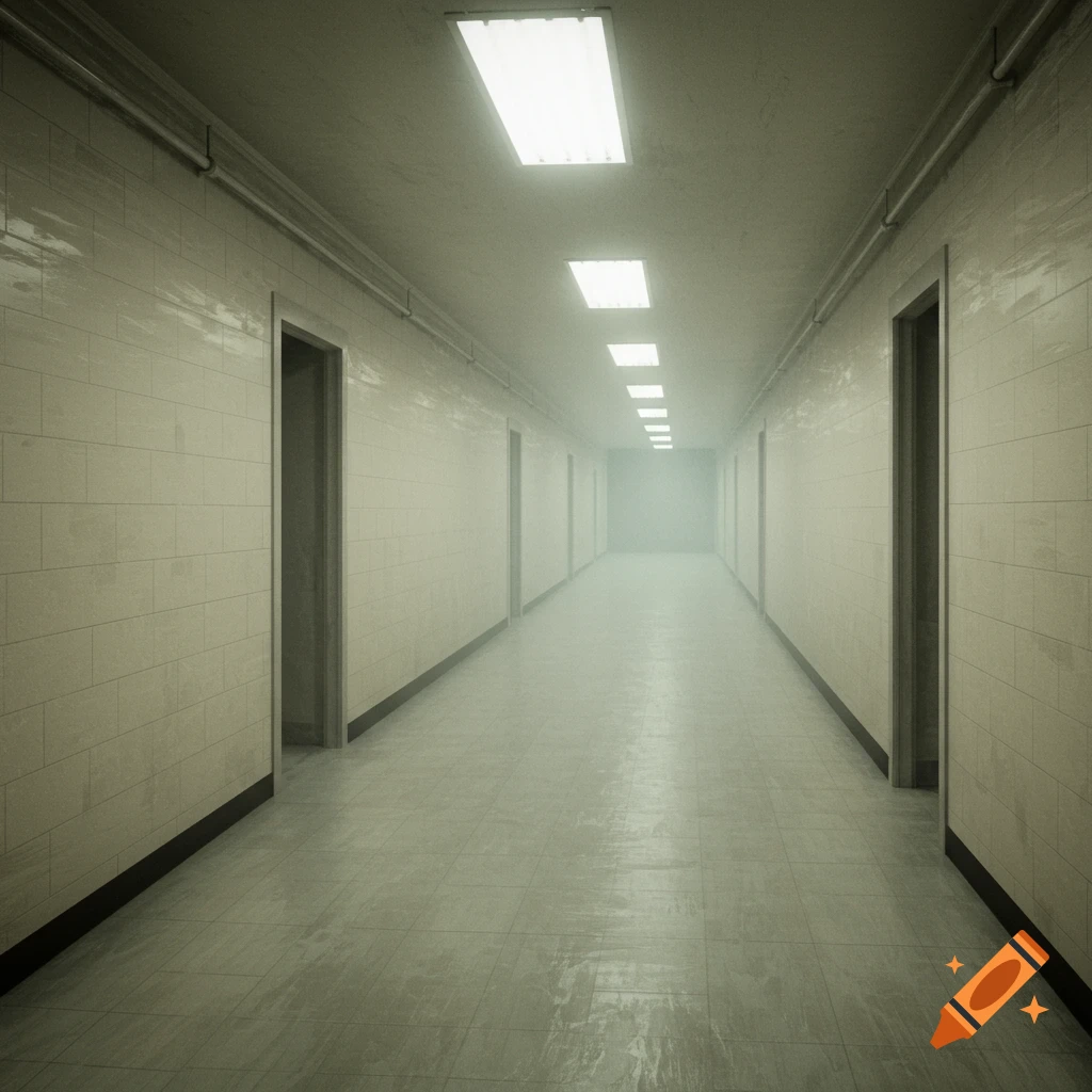 A long, empty hallway with tiled walls and floor, lit by fluorescent lights, fading into a haze.