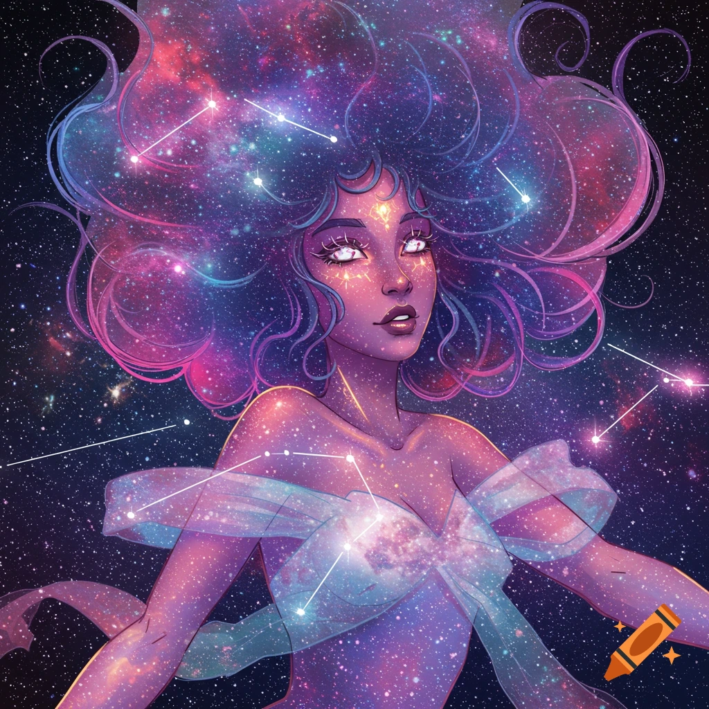 A woman with galaxy hair and skin, constellations visible on her body
