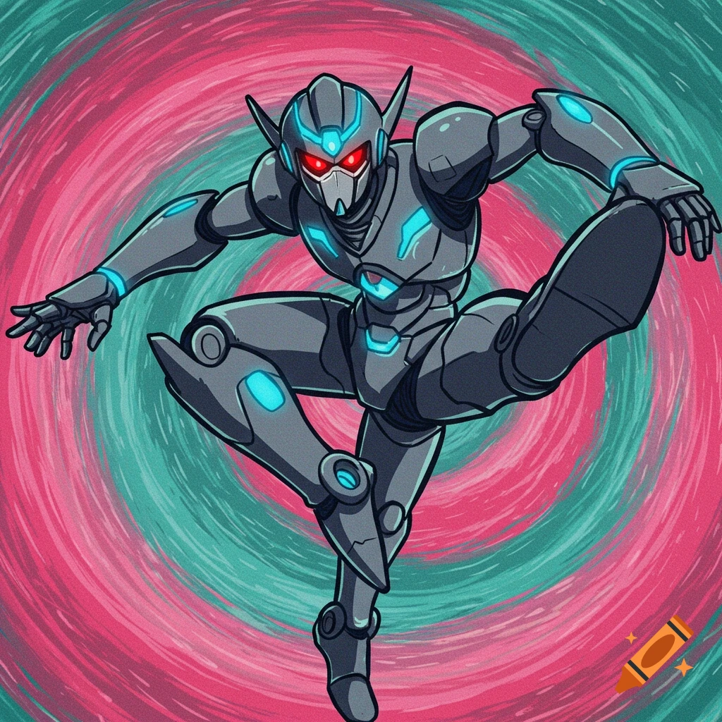 An anime-style robot ninja in an action pose against a swirling pink and teal background.