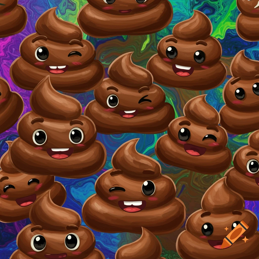 A seamless pattern of smiling cartoon poop emojis with faces on a vibrant psychedelic background.