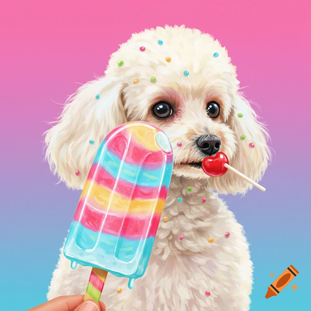 A cute white poodle holds a lollipop while a hand presents a rainbow popsicle.