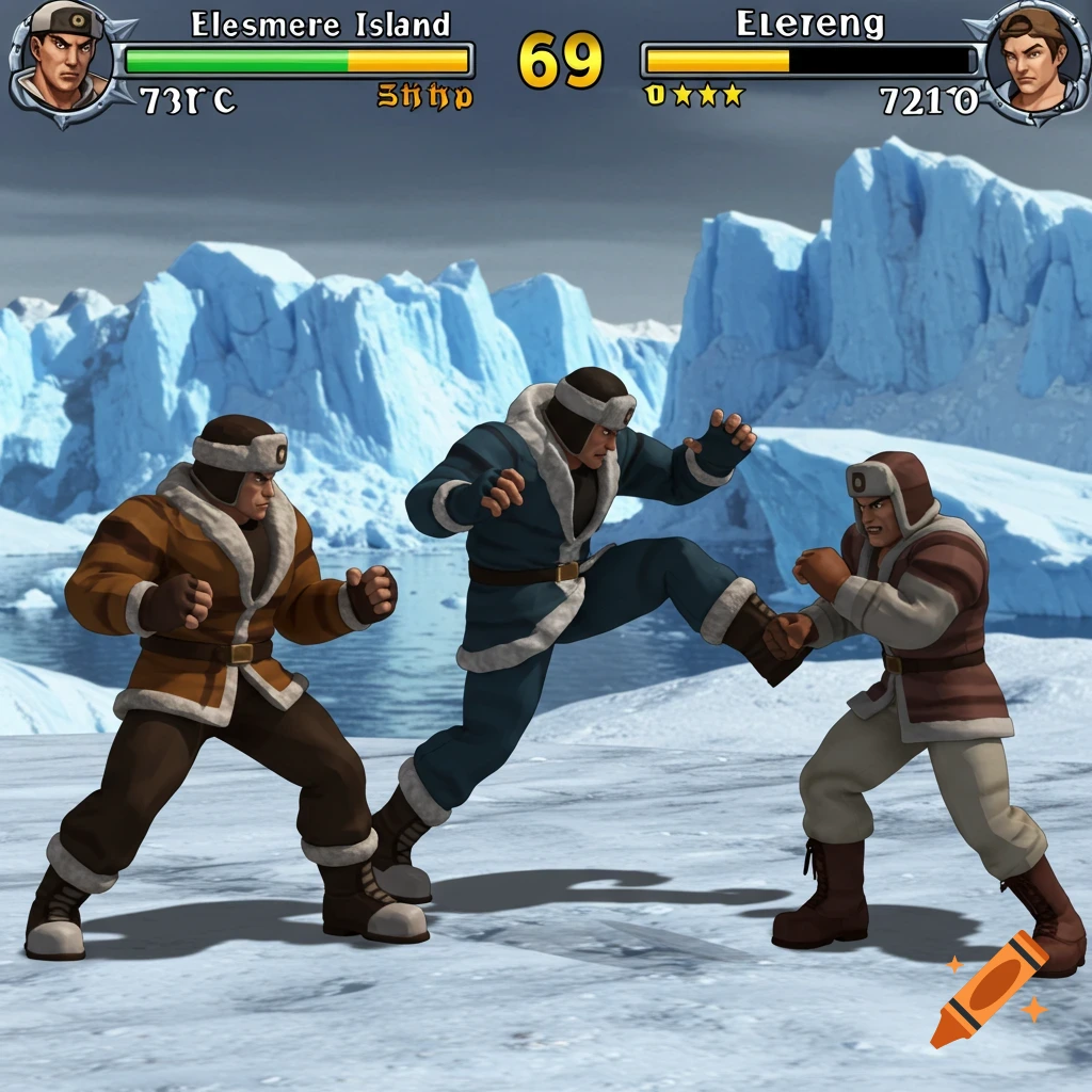 Stylized fighting game screenshot in an arctic setting with three characters fighting.
