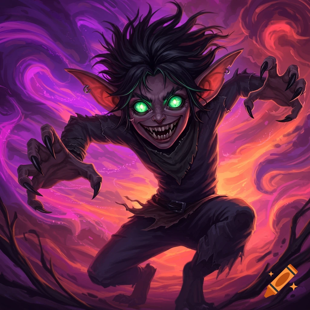 A snarling gremlin creature with bright green eyes and sharp claws reaching forward.