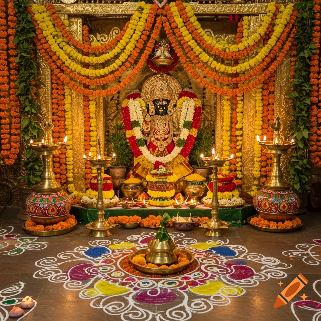 An altar decorated with flowers, lamps, and a statue, with a colorful rangoli design on the floor.