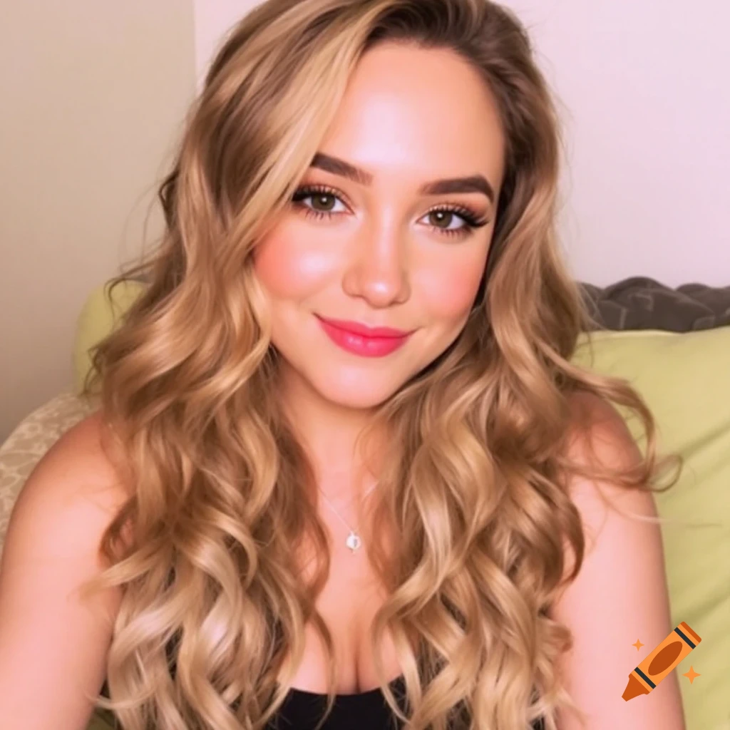 A portrait of a young woman with blonde wavy hair and pink lipstick, smiling.