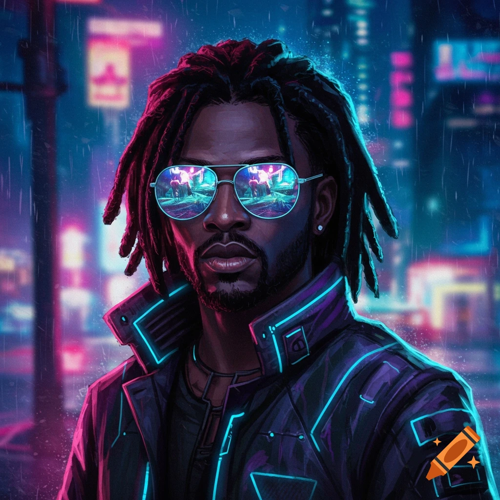 A man with dreadlocks and mirror sunglasses in a rainy cyberpunk city.