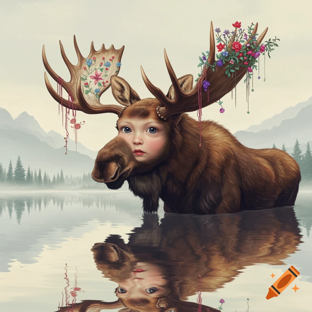 Surreal image of a moose with a child's face and flowered antlers standing in a lake.