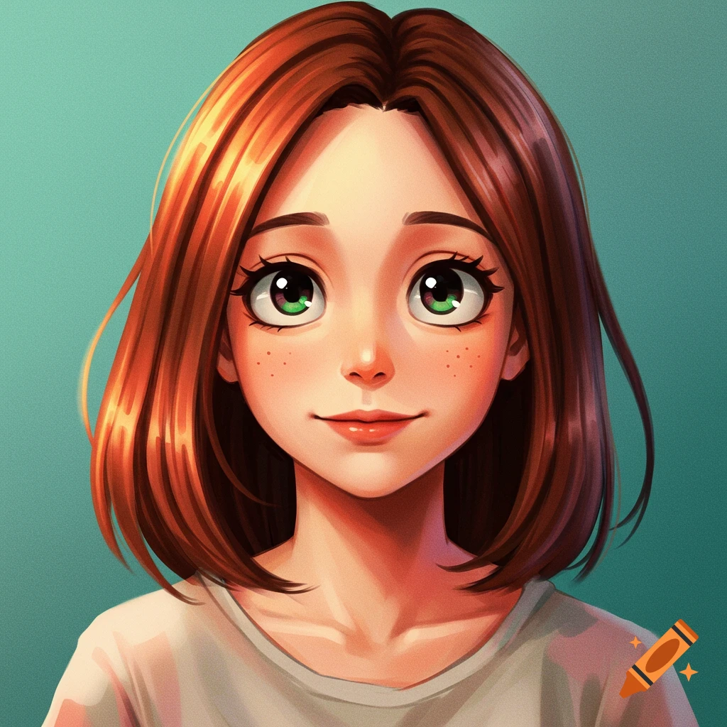 Close-up cartoon portrait of a young girl with green eyes, freckles, and shoulder-length reddish-brown hair, smiling against a teal background.