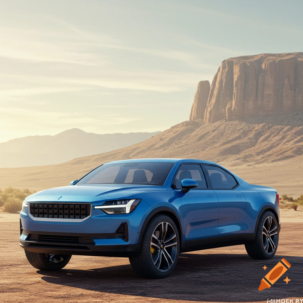 A blue futuristic car sits in a desert landscape with mesas under a bright sky.