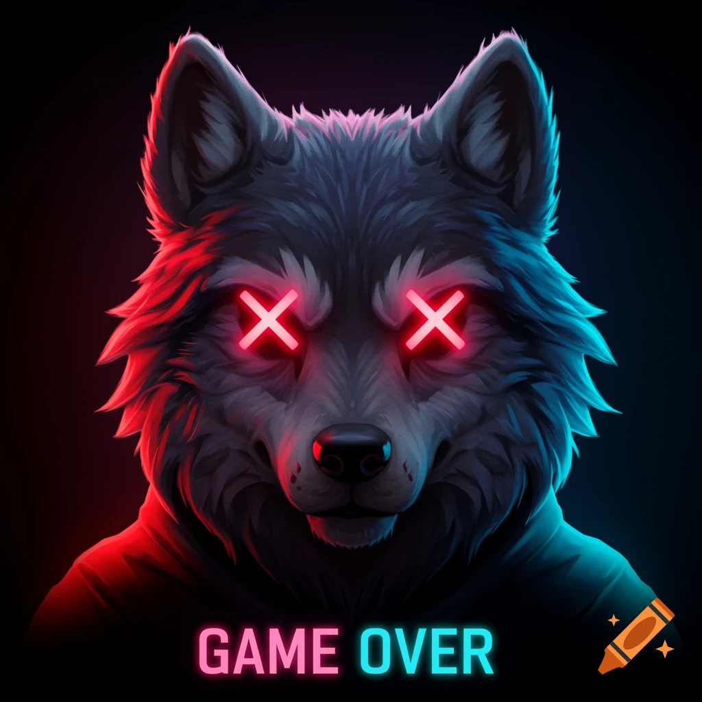 Stylized wolf head with red X eyes and neon 'GAME OVER' text on a dark background.