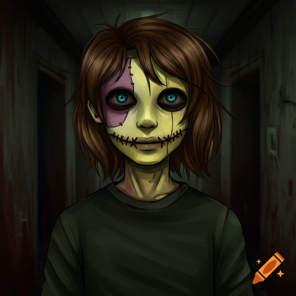 Drawing of Sally Face, a character with stitched skin, blue eyes, and brown hair, standing in a dark hallway.