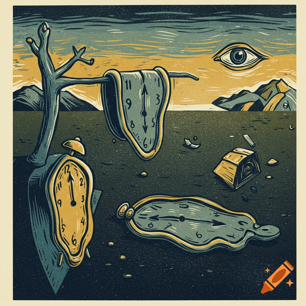 Surreal linocut illustration of melting clocks draped over a branch and lying on the ground, with an eye and mountains in the background.