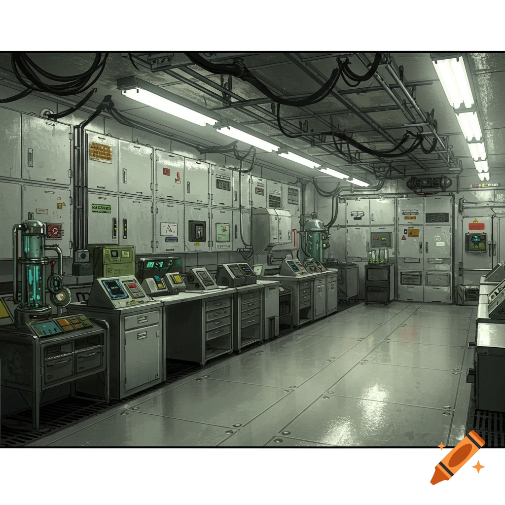 Interior view of a sci-fi laboratory with desks, equipment, control panels, and overhead lights.