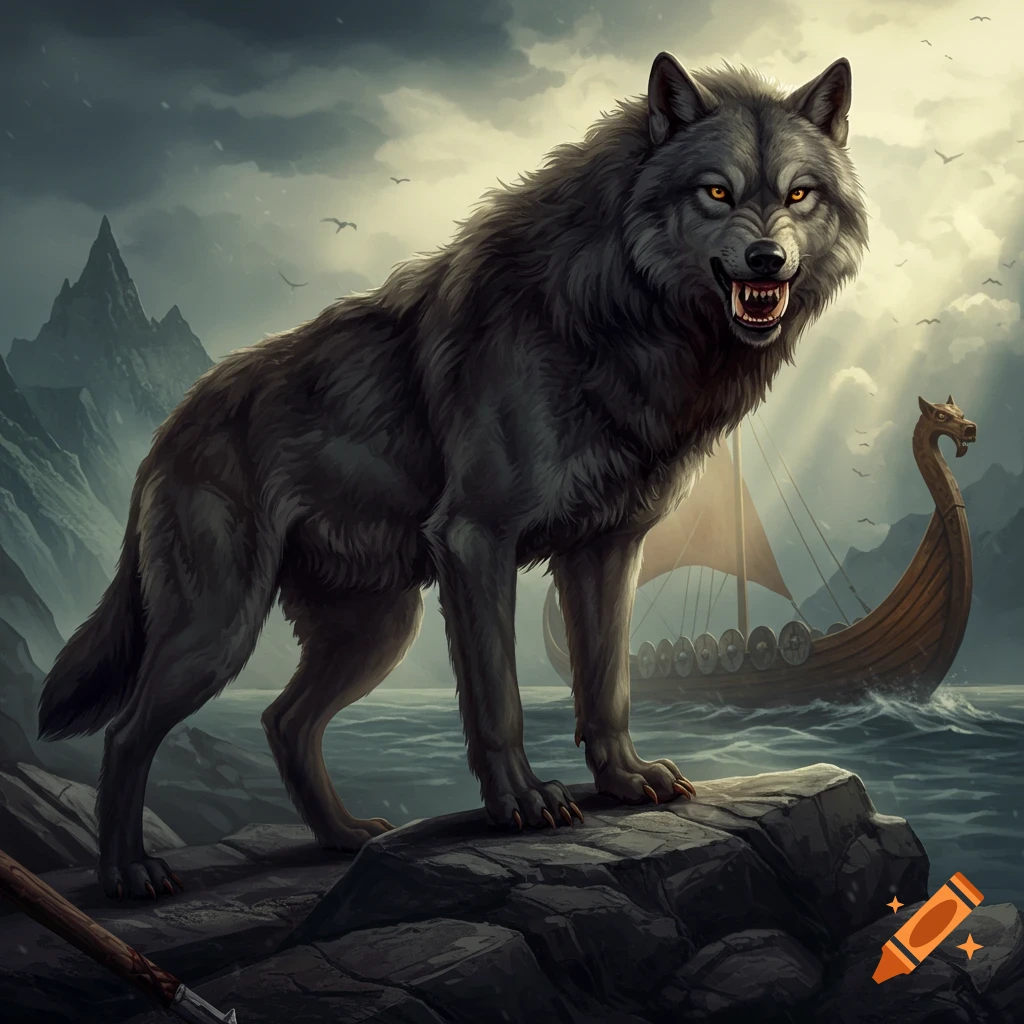 A fierce wolf stands on rocks by a viking ship at sea with mountains under a cloudy sky.