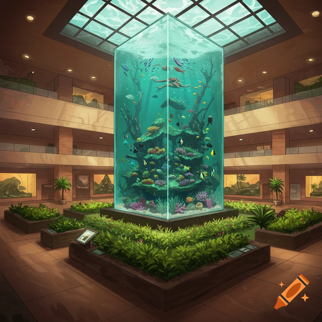 Stylized depiction of a large indoor zoo with a tall central fish tank and garden.