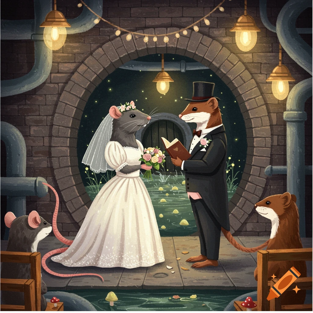 A rat bride and weasel groom getting married in a sewer with guests.