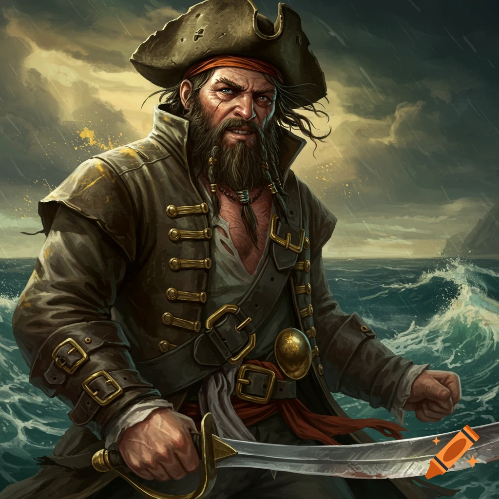 A rugged pirate with a beard and eye patch, holding a cutlass on a stormy sea.