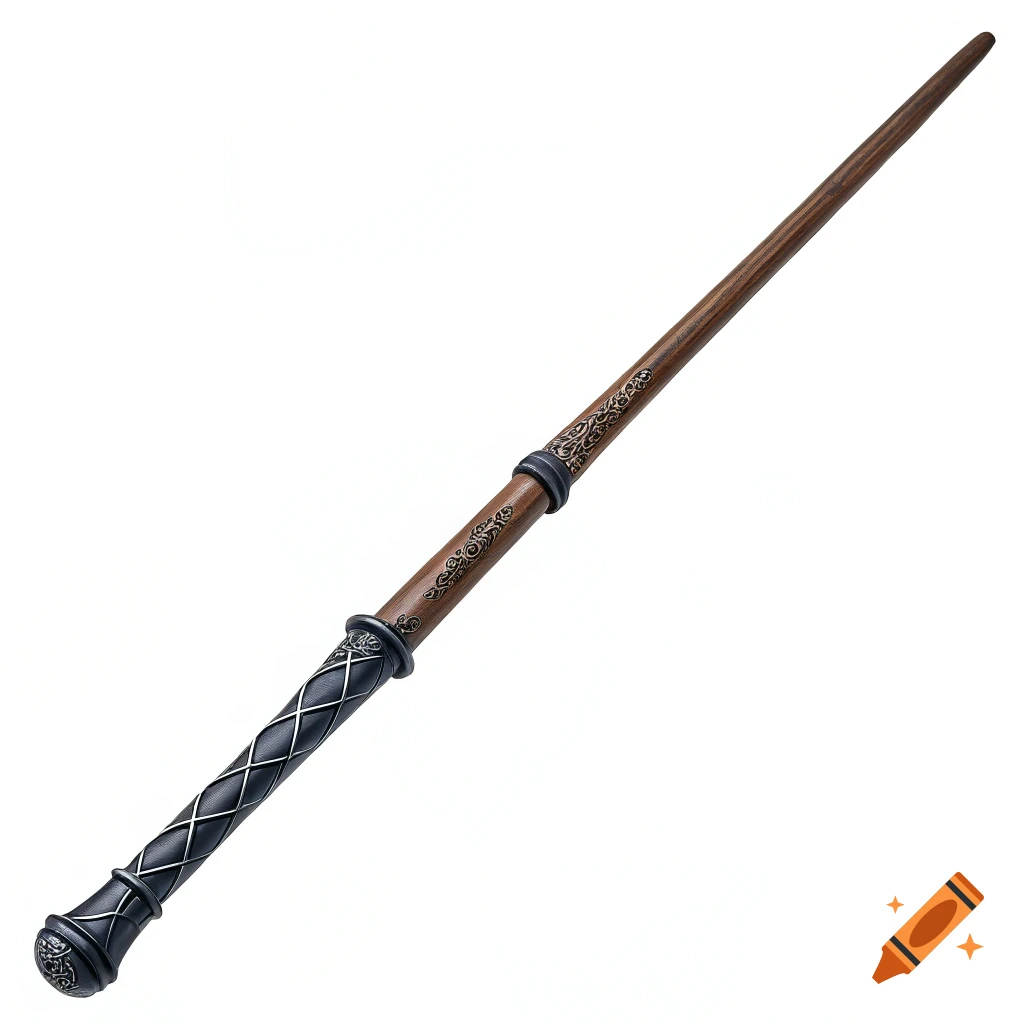 A magic wand with a patterned handle and carved details on a white background.