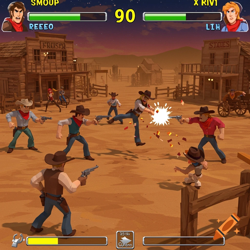 Stylized 3D rendering of a wild west gunfight scene with game UI elements.