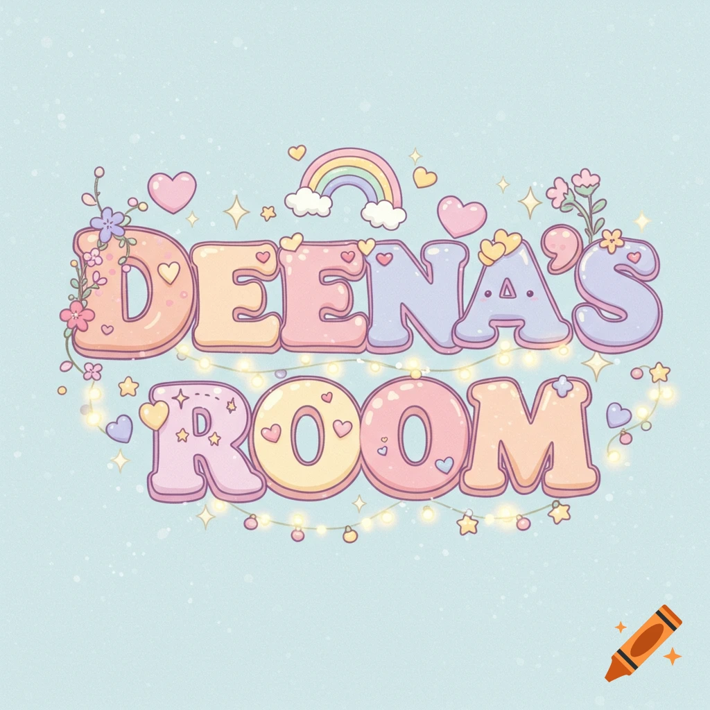 Cute pastel text 'DEENA'S ROOM' with hearts, stars, flowers, rainbow, and lights illustration.