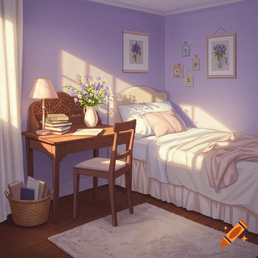 A sunlit anime-style image of a bedroom with a desk, chair, and bed.