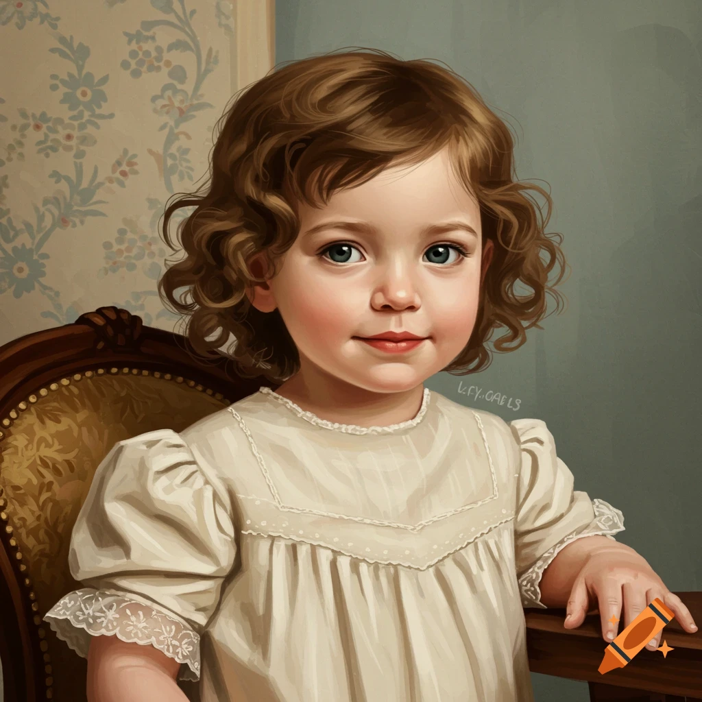 Portrait of a young child in a Victorian-style dress.
