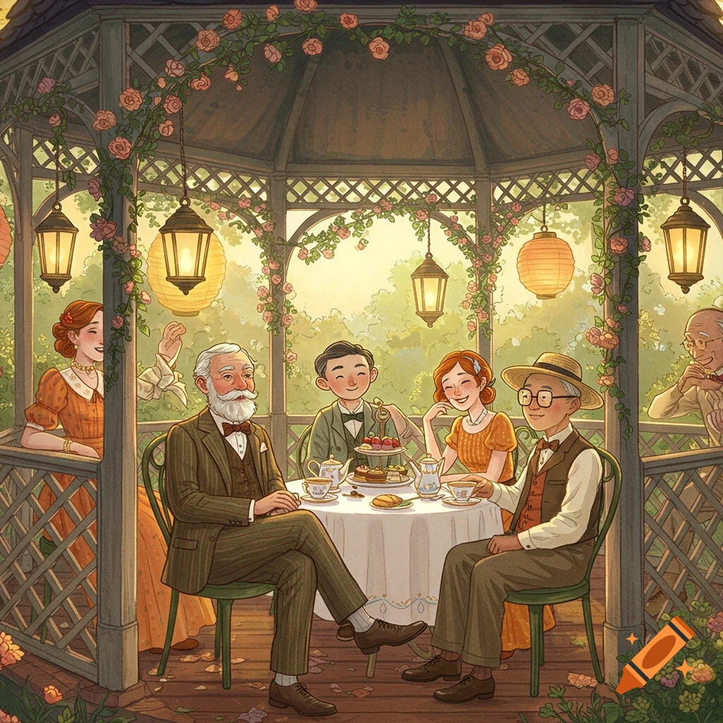 An illustration of people having a tea party in a rose-covered gazebo.
