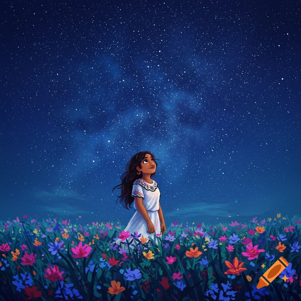 A girl in a flower field looking up at the starry night sky.