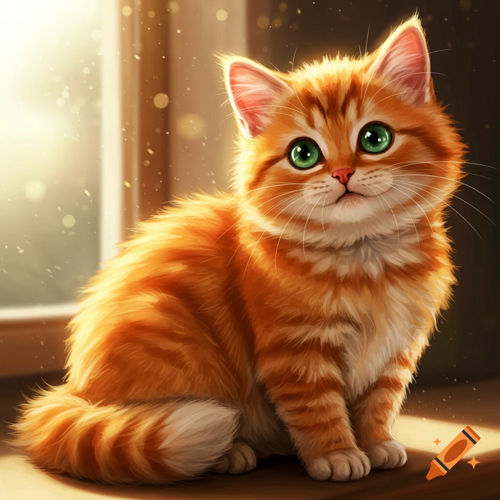 A cute orange tabby kitten with green eyes sits in a sunlit room.