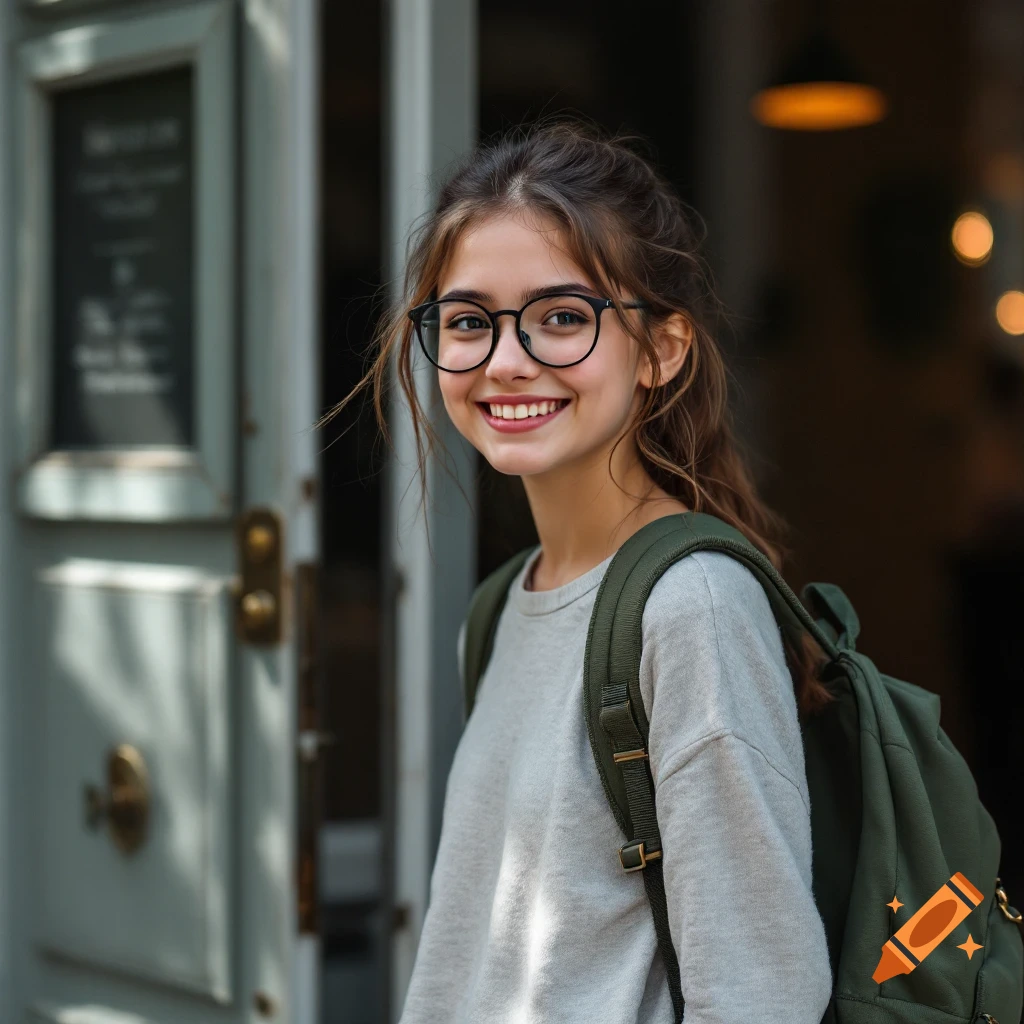 Young woman with glasses and a backpack standing outside a doorway.