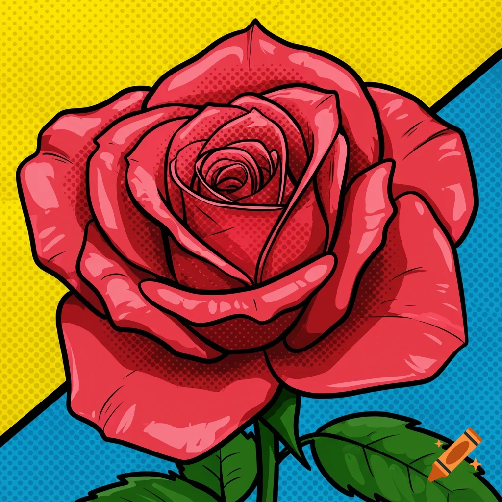 A red rose in comic book pop art style against a yellow and blue background