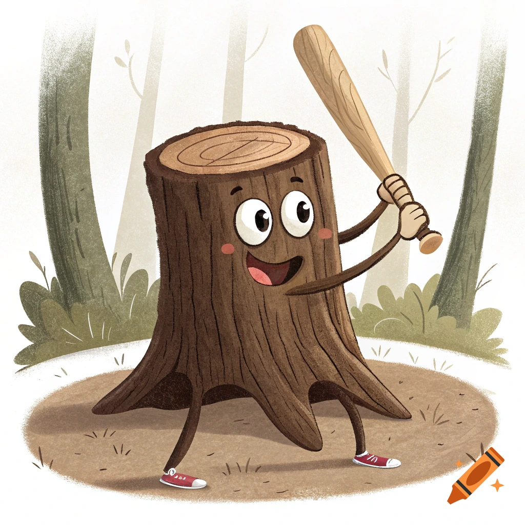 A cartoon tree stump character holds a baseball bat in a forest.