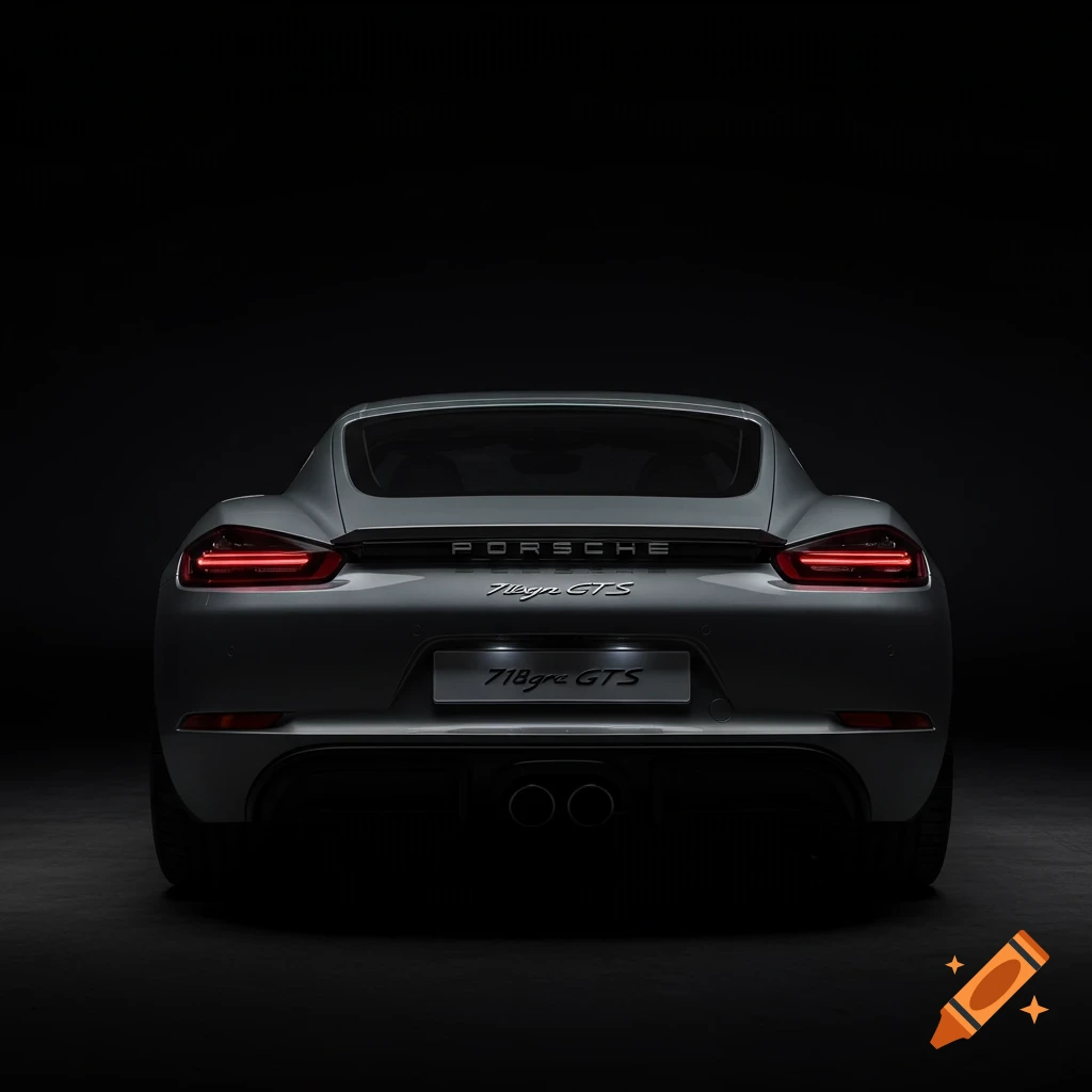 Rear view of a silver Porsche 718 Cayman GTS in a dark studio setting.