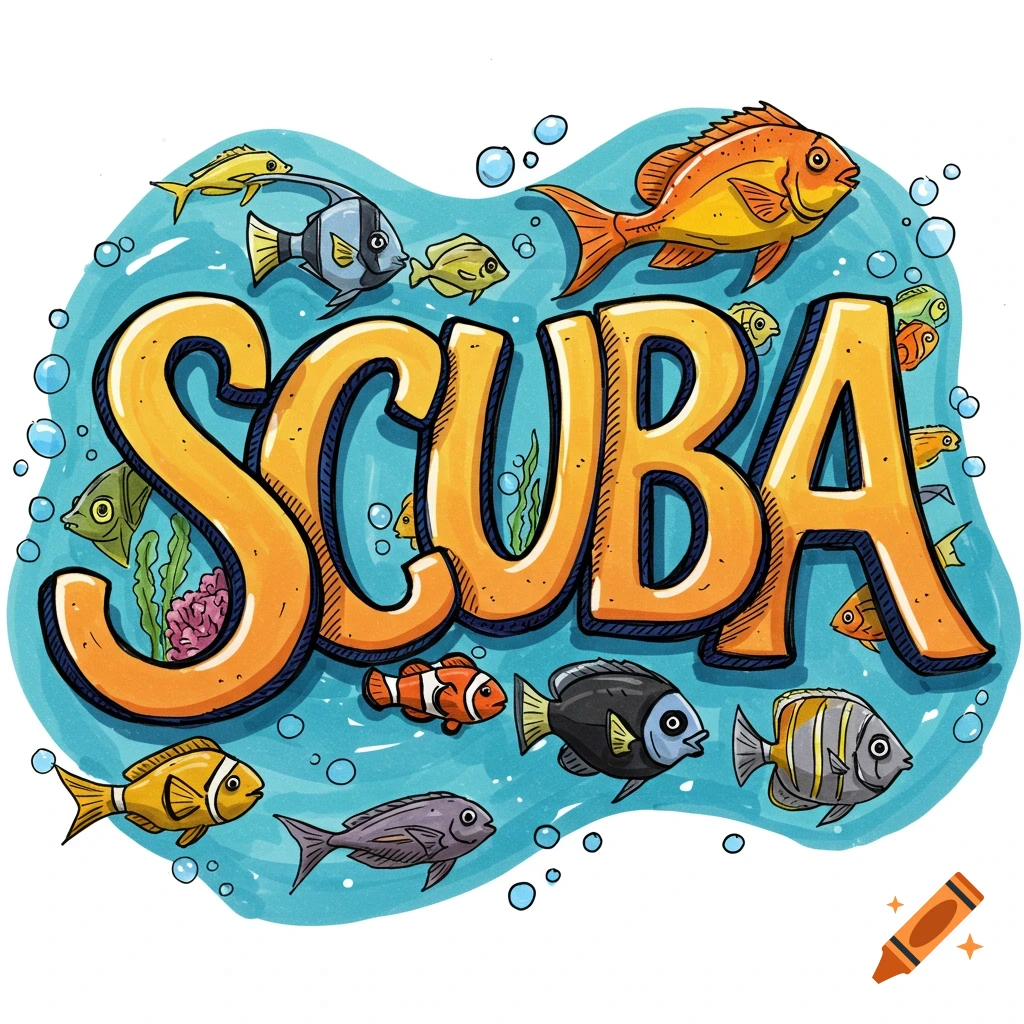 Cartoon illustration of the word SCUBA surrounded by colorful fish swimming underwater.