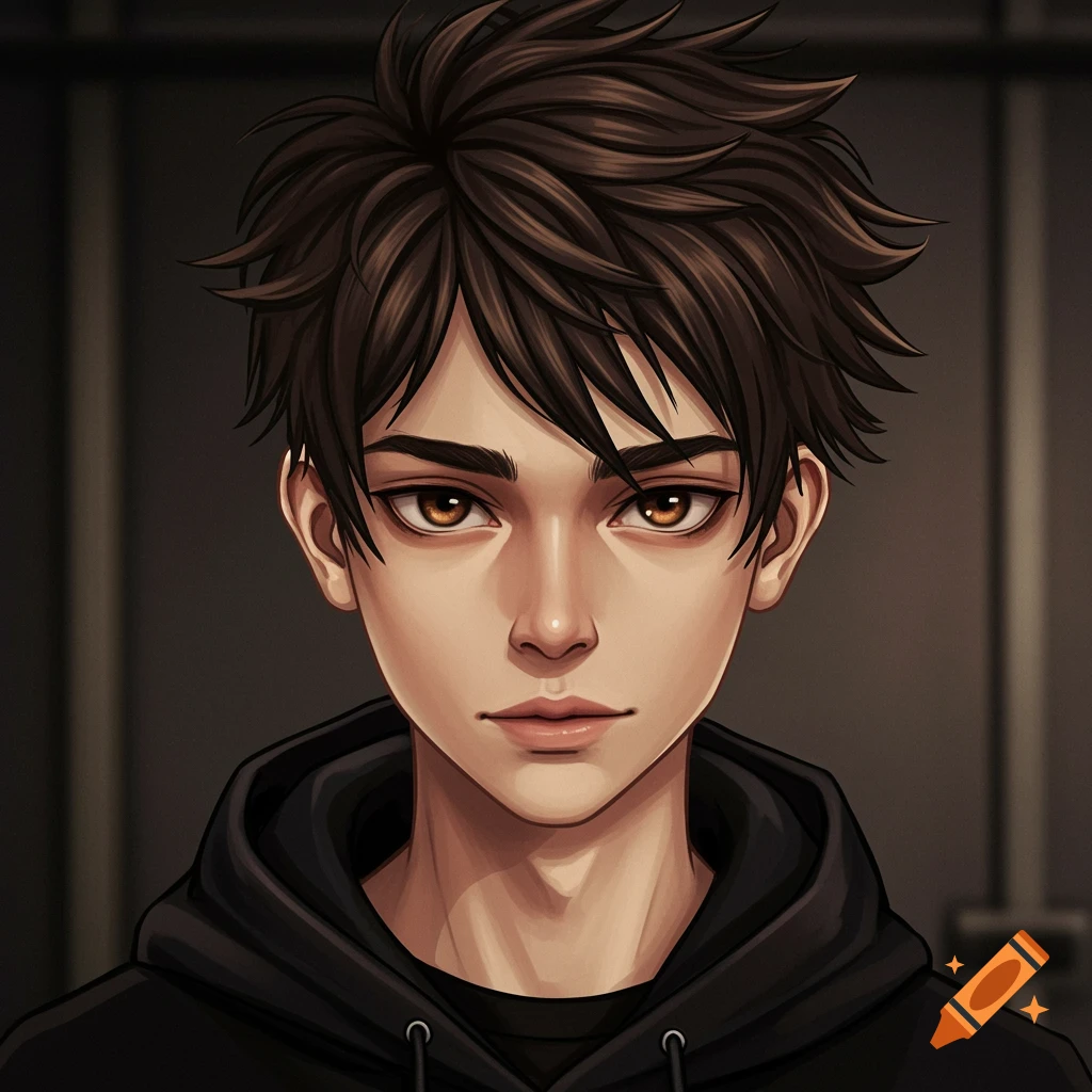 Anime portrait of a young man with messy brown hair and intense eyes wearing a black hoodie.