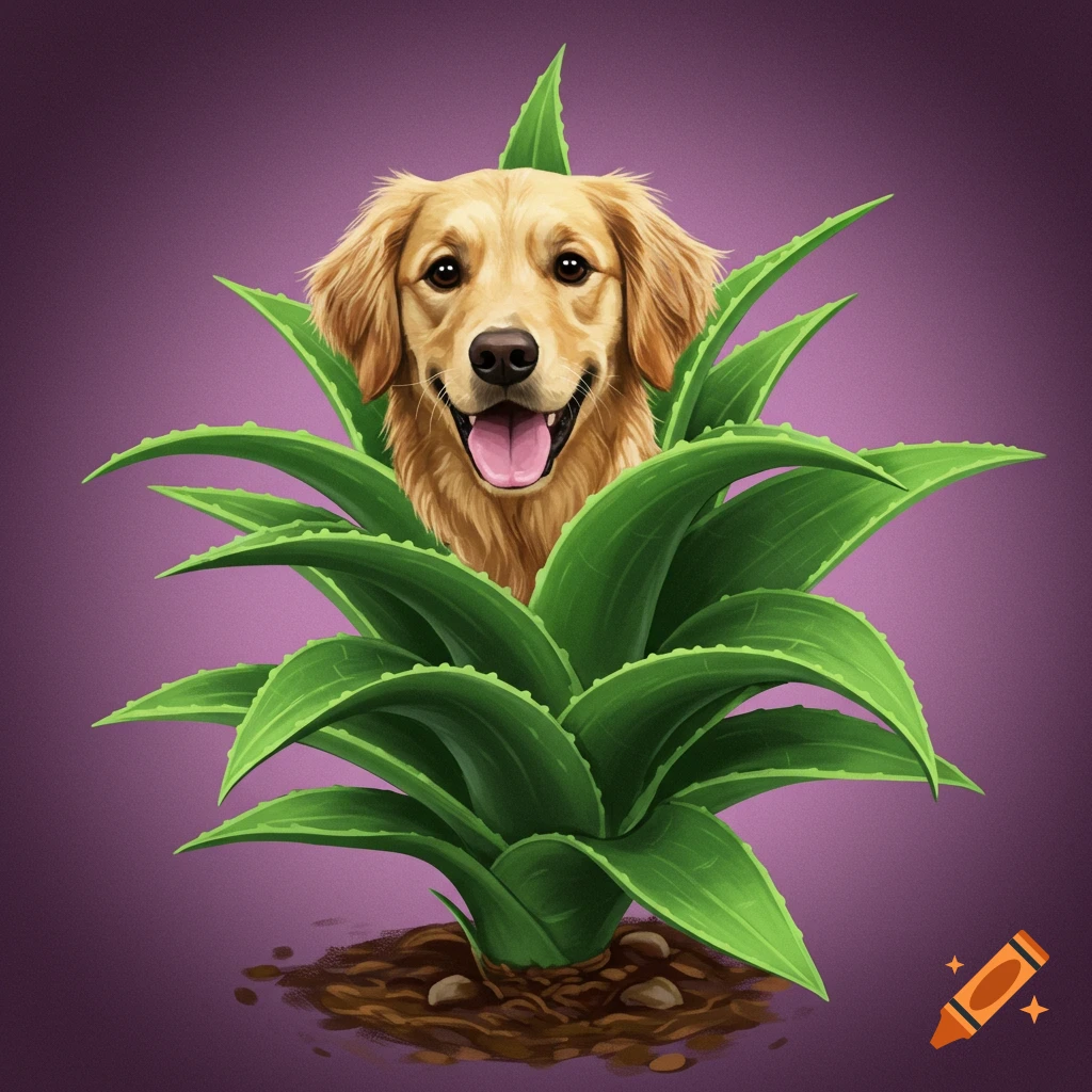 A golden retriever's head smiles from the center of a large, spiky aloe vera plant.