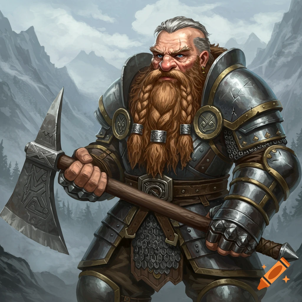 An armored dwarf fighter holding an axe in a mountain landscape