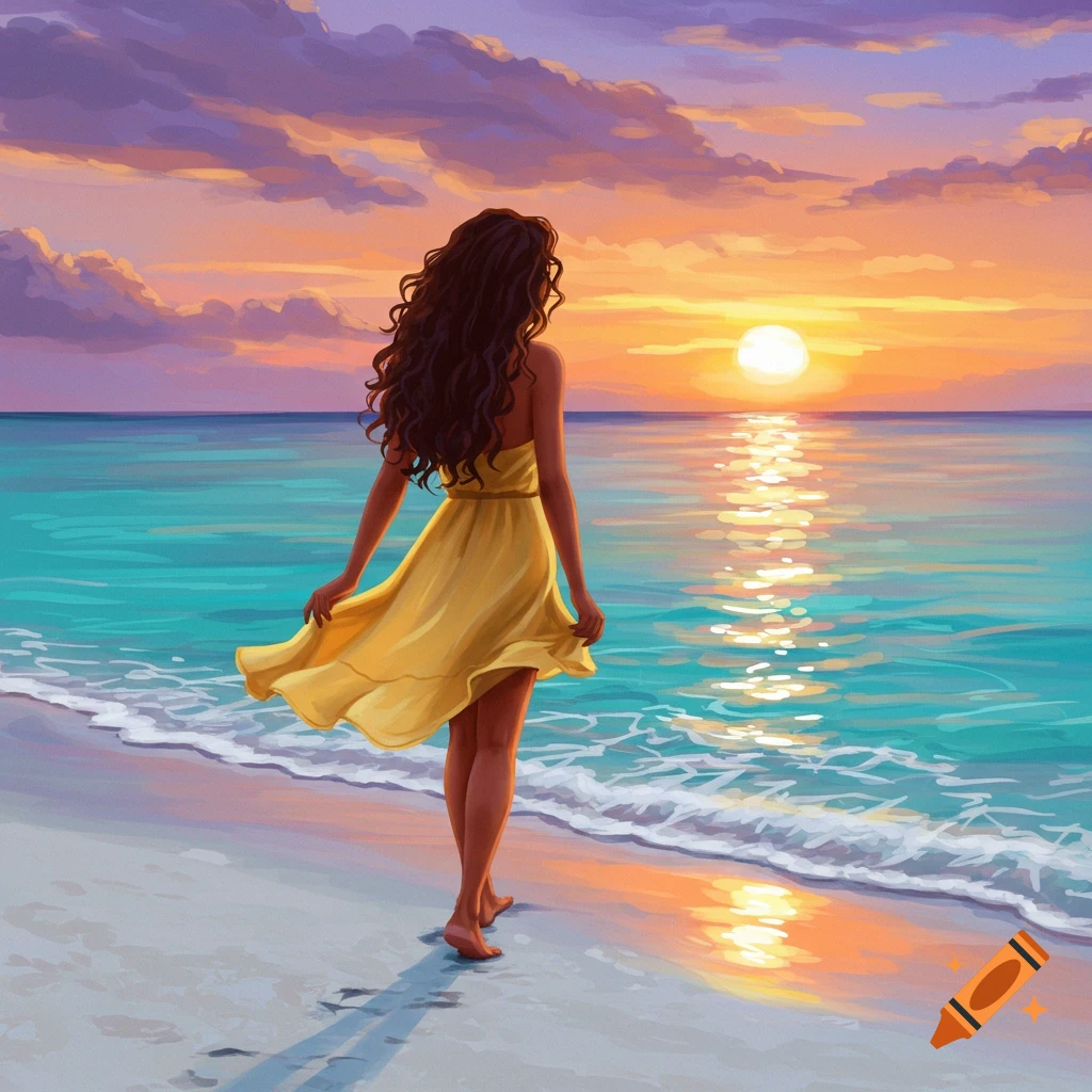 A woman in a yellow dress walking on a beach at sunset.