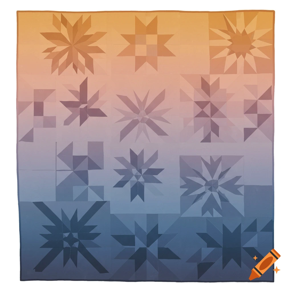 A geometric quilt with various block patterns and an orange to blue gradient