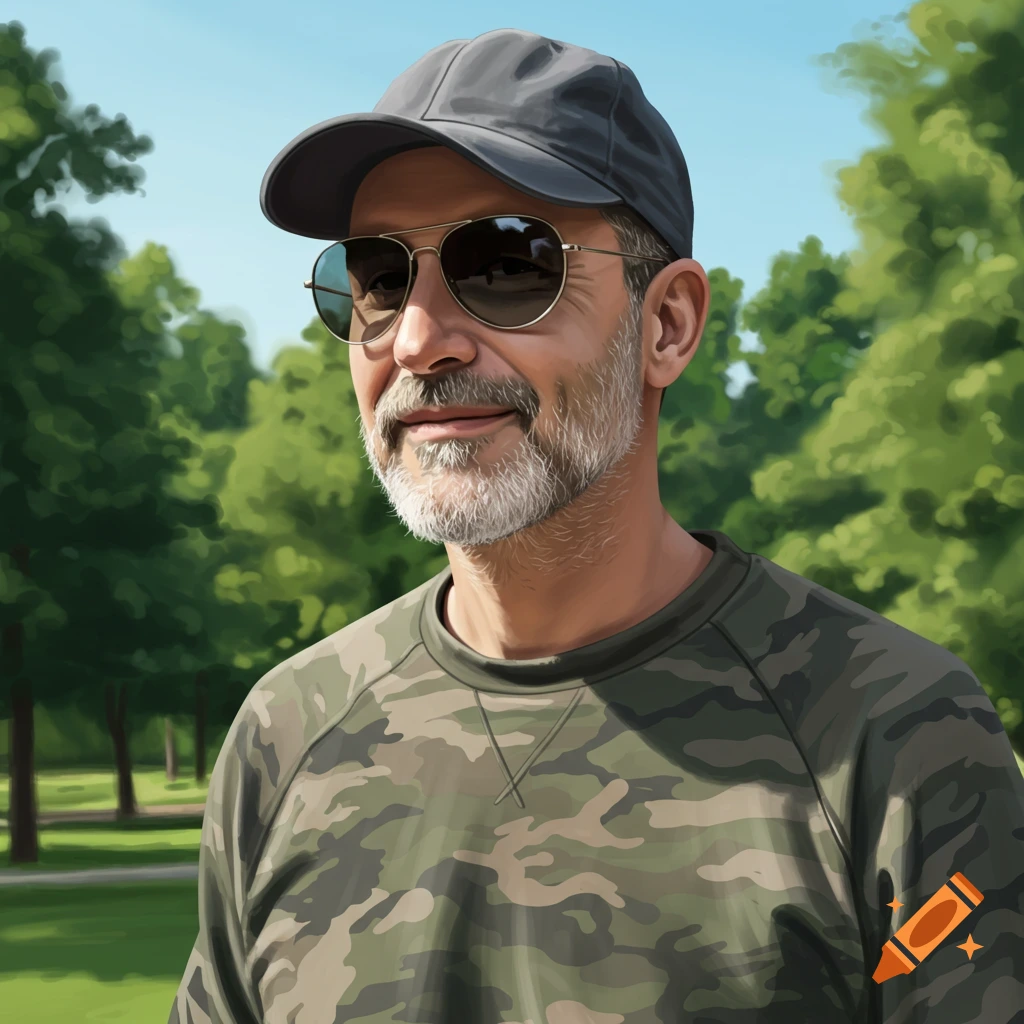 A man is wearing a baseball cap, sunglasses, and camouflage shirt outdoors.
