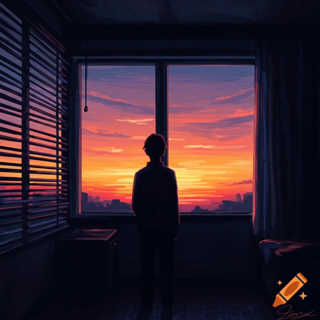 A person silhouette stands by a window with blinds, looking out at a vibrant orange and purple sunset over a distant city skyline.
