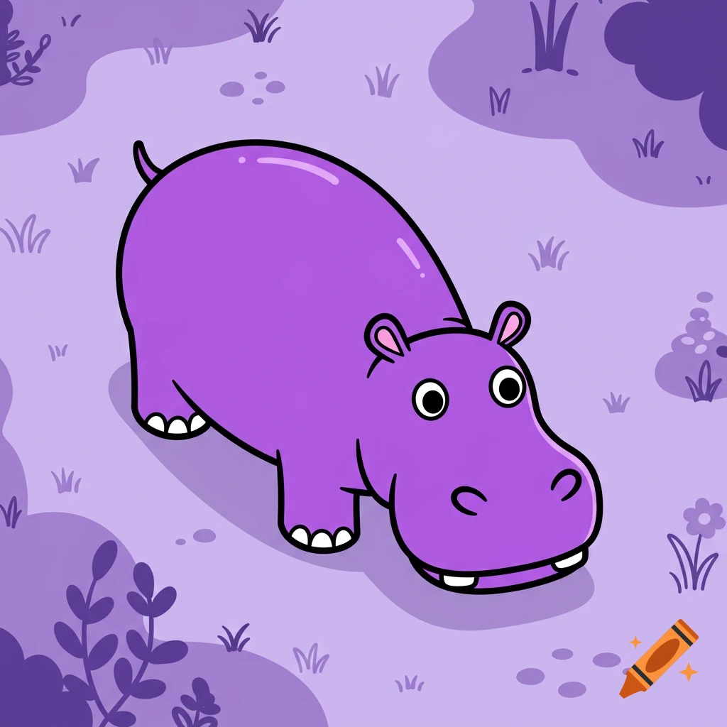 A cartoon purple hippo with thick outlines stands in a grassy area.