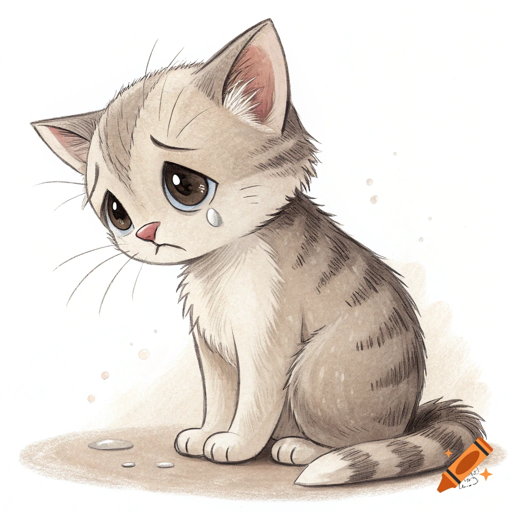 Cartoon illustration of a sad tabby kitten sitting down and crying.