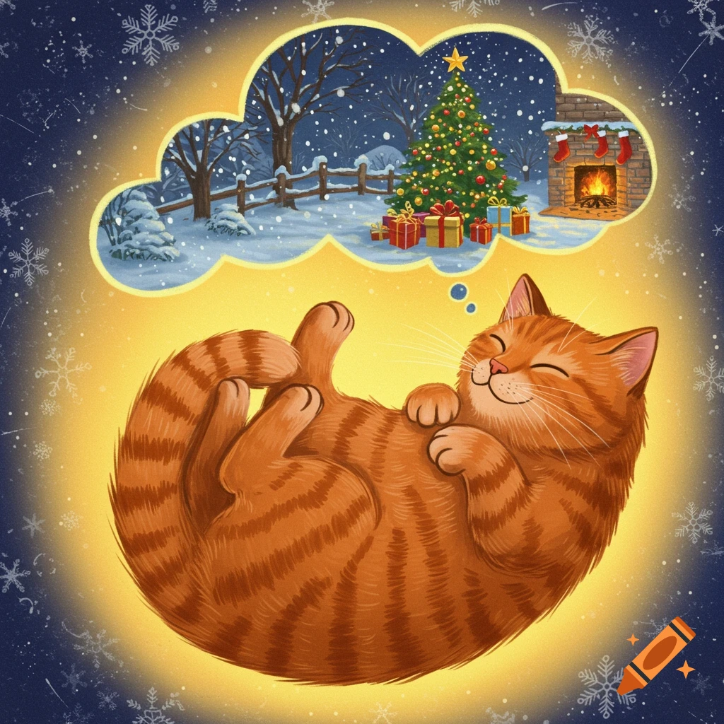 A cute orange cat curled up and dreaming of a cozy Christmas Eve scene with a tree, gifts, and fireplace.