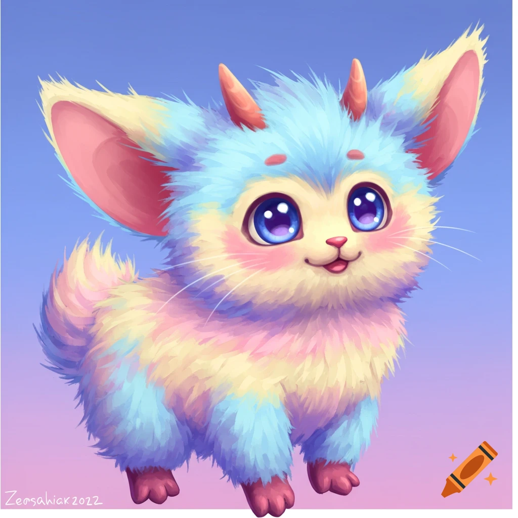 A small, fluffy fantasy creature with large ears and colorful fur.